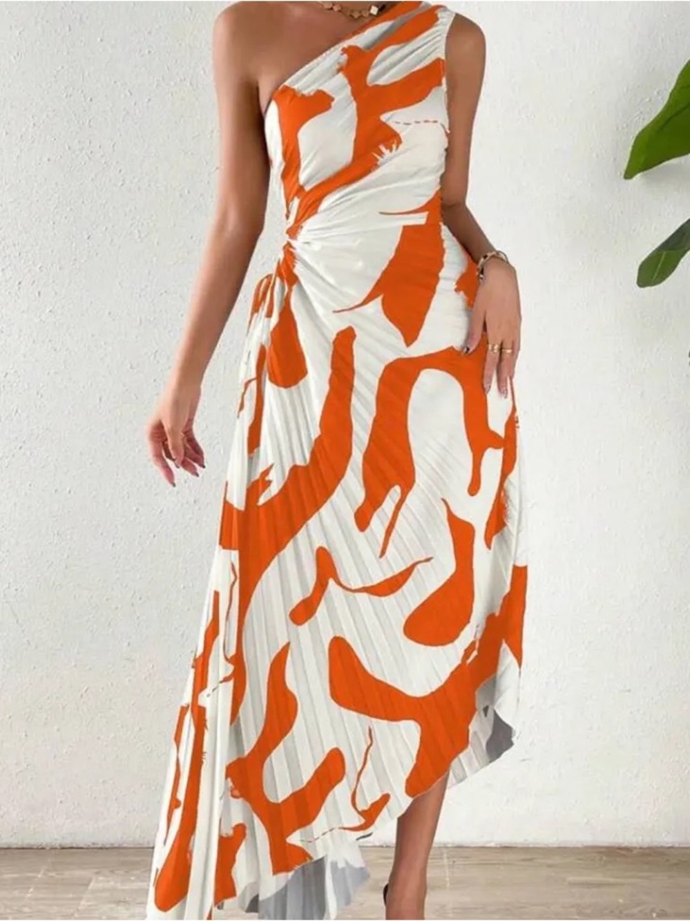 One-Shoulder Orange & White Abstract Maxi Dress